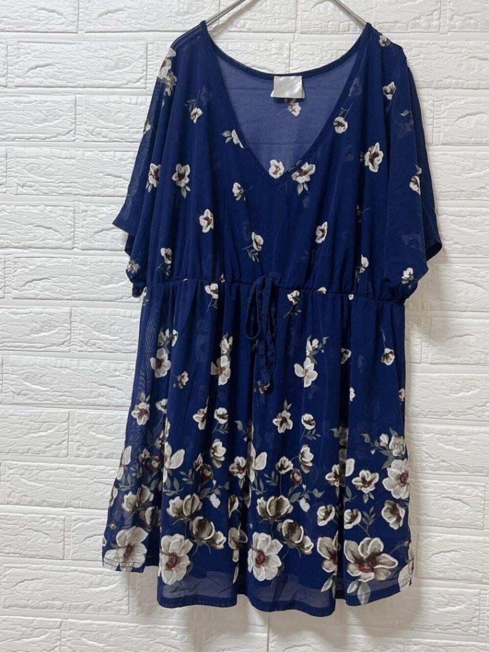 Kaig Blouse Floral Print Tunic V-neck Short Sleeve Blue